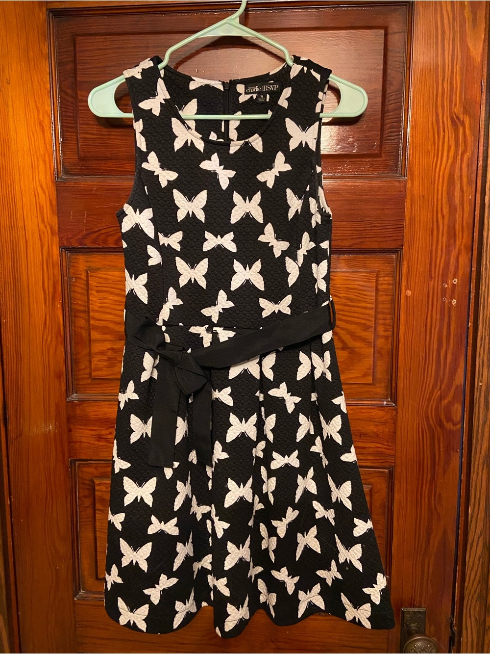 Charlies Black Dress with White Butterfly Print and Waist Tie
